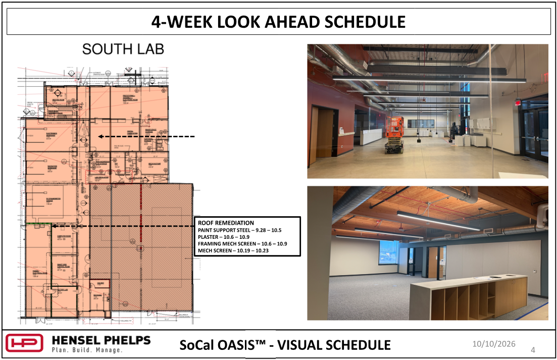 Slide 4 of the Hensel Phelps visual schedule (October 10, 2026) outlines "South Lab" buildout and roof remediation tasks through late October—including painting support steel, plastering, and mechanical screen framing and installation. The highlighted floor plan is paired with two photos: an upper image of an open lab space featuring suspended linear lights and a orange scissor lift, and a lower image showing a office area with a wooden reception desk, slatted wood ceilings, and carpeted flooring.