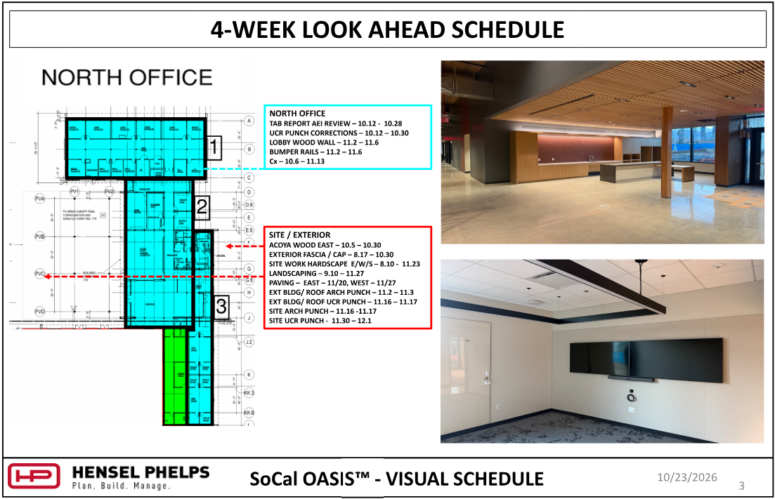 Slide 3 of the Hensel Phelps visual schedule (October 23, 2026) outlines "North Office" and exterior tasks through early December—including TAB report review, lobby wood wall, bumper rails, landscaping, paving, and punch list milestones. The highlighted floor plan is paired with two interior photos: an upper image of a spacious lobby featuring polished floors, slatted wood ceiling accents, and a long reception or counter area, and a lower image showing a conference room.