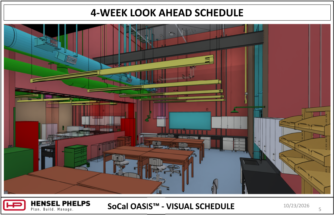 Slide 5 of the Hensel Phelps visual schedule (October 23, 2026) displays a 3D architectural rendering for the SoCal OASIS™ project. The rendering features a high-ceiling lab interior complete with color-coded overhead ductwork and piping, linear suspended light fixtures, lab workstations with chairs, wall cabinetry, display boards, and storage shelving units.