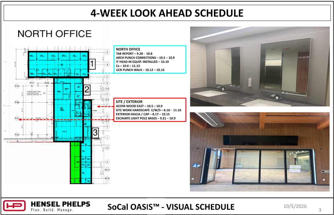 Slide 3 of the Hensel Phelps visual schedule (October 5, 2026) outlines "North Office" and exterior tasks through mid-November—including punch corrections, IT equipment setup, commissioning, site hardscape, and exterior fascia. The highlighted floor plan is paired with two photos: an upper image showing a modern restroom with dual sinks, mirrors, and tiled walling, and a lower image showing a large glass folding door system beneath wood ceiling beams and wall paneling.
