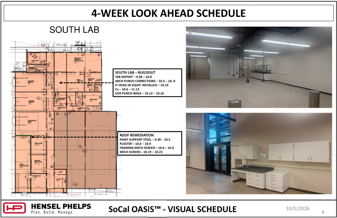 Slide 4 of the Hensel Phelps visual schedule (October 5, 2026) outlines "South Lab" buildout and roof remediation tasks through mid-November—including architectural punch corrections, IT equipment installation, commissioning, plastering, and mechanical screens. The highlighted floor plan is paired with two photos: an upper image of an open lab space with suspended linear lights and utility columns, and a lower image showing wall-mounted white cabinets, counter workspace, and a glass entry door system.
