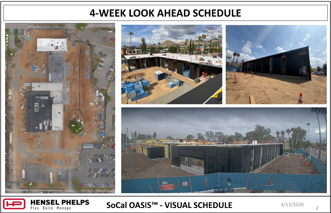 Construction progress slide for the SoCal OASIS™ project by Hensel Phelps, dated April 13, 2026. Four images show an updated aerial site view, installation of black exterior wall panels, and progress on the building's roof and overall envelope.