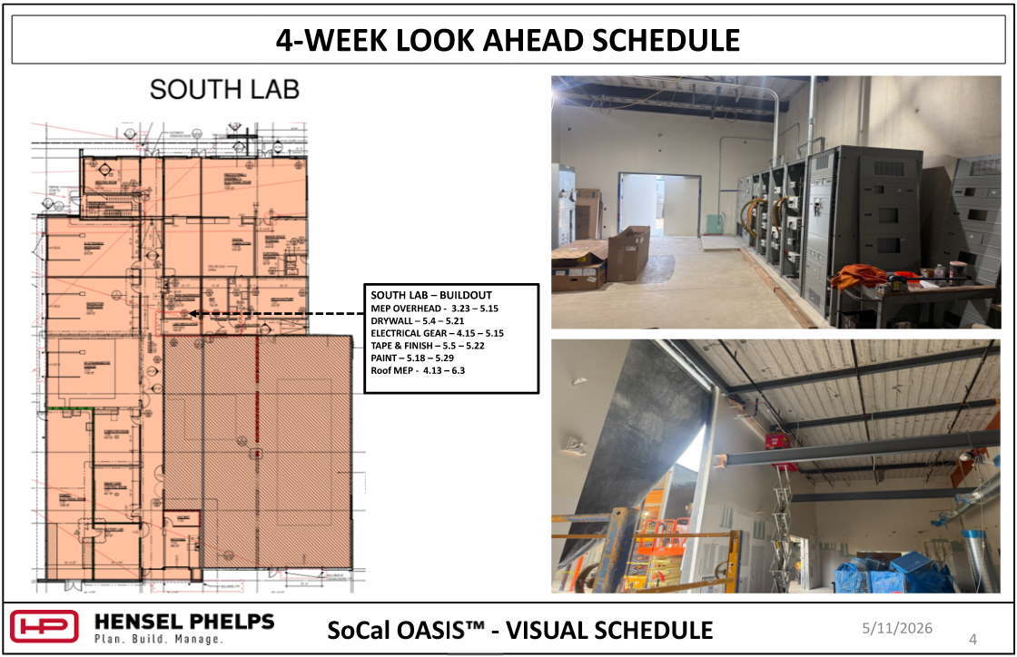  A 4-Week Look Ahead Schedule for the South Lab section of the SoCal OASIS™ project, dated May 11, 2026. The slide features a floor plan with highlighted orange zones and a task list for electrical gear, drywall, and painting. Accompanying photos show an interior electrical room with large gray power panels and a view of high-ceiling construction where workers are using a scissor lift to install overhead systems.