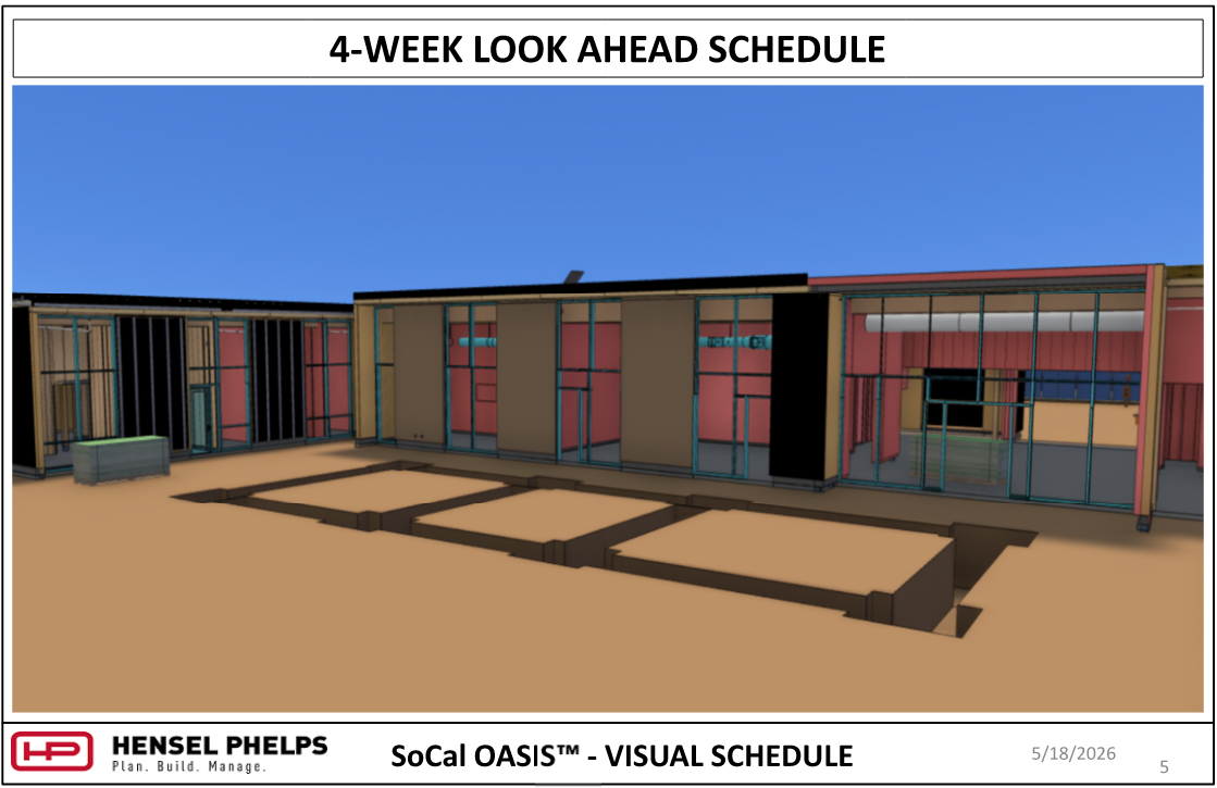 A 4-Week Look Ahead Schedule for the SoCal OASIS™ project by Hensel Phelps, dated May 18, 2026. This 3D BIM rendering showcases the building's exterior with a detailed cross-section cutout. The cutout reveals color-coded interior MEP systems—such as blue and yellow overhead ductwork—running above metal stud wall framing and support columns.