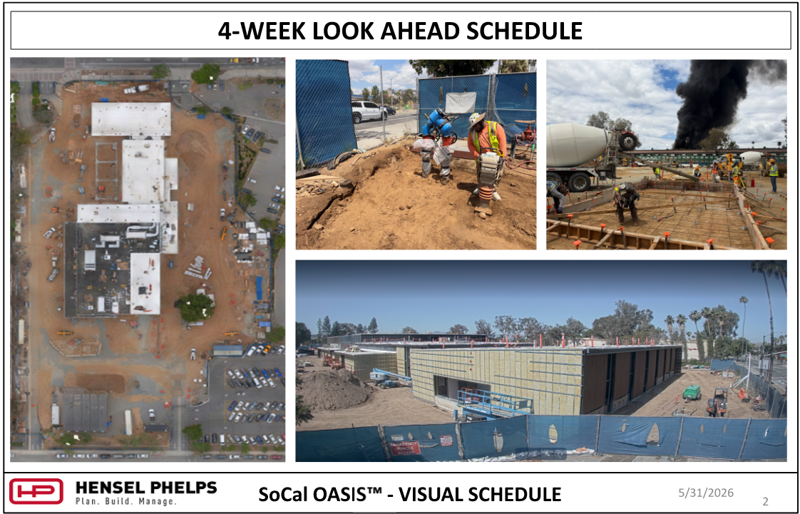 A 4-Week Look Ahead Schedule for the SoCal OASIS™ project by Hensel Phelps, dated May 31, 2026. This visual summary includes an updated aerial overhead site plan of the construction campus alongside three field photos showing recent progress: workers using compacting equipment in a dirt trench, a concrete mixer truck pouring a foundation slab, and a wide shot of the building’s exterior facade showing insulation and panel installation progress behind the blue fence line.