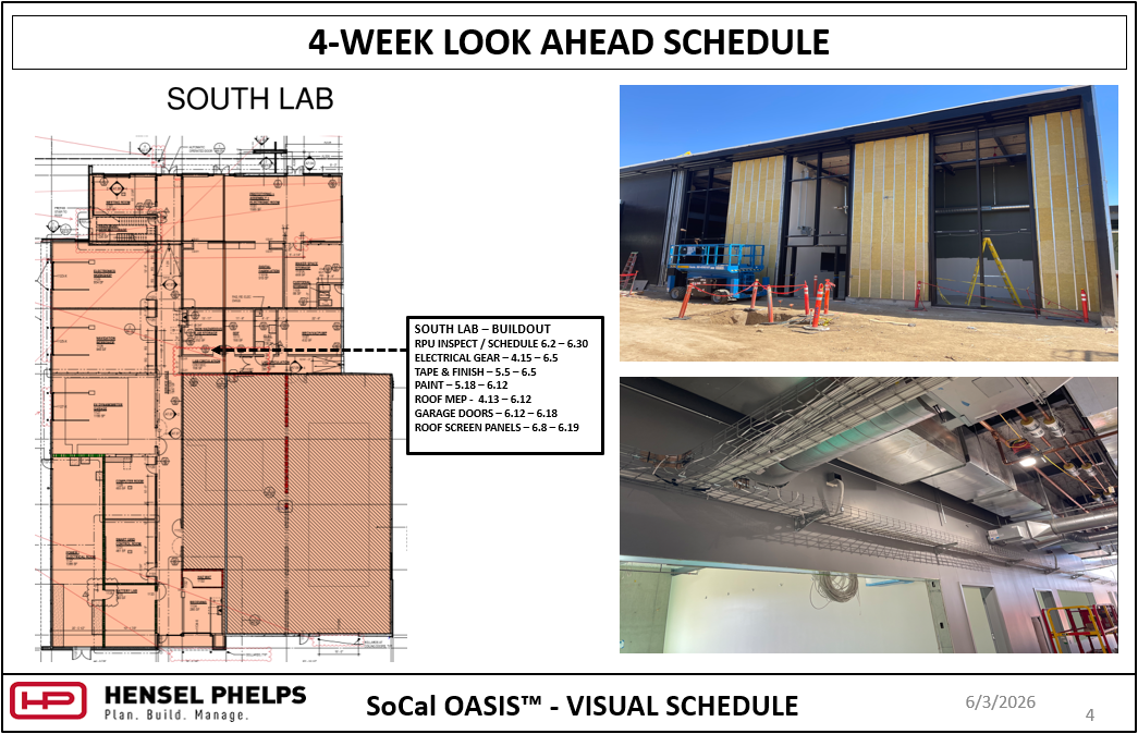A 4-Week Look Ahead Schedule for the South Lab of the SoCal OASIS™ project, dated 6/3/2026. The slide features a highlighted orange floor plan with an active buildout task list alongside two progress photos: an exterior view of a single-story building facade showing window installations and yellow insulation panels, and an interior view of a gray wall with overhead wire cable trays, metal HVAC ductwork, and utility piping.
