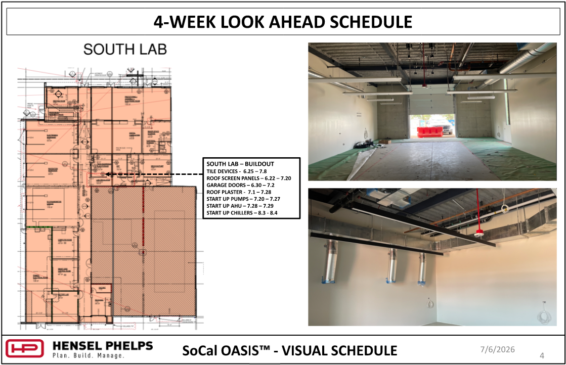 A 4-Week Look Ahead Schedule for the South Lab of the SoCal OASIS™ project, dated 7/6/2026. The slide features a highlighted floor plan and task schedule alongside two interior photos: a garage bay with its white overhead door rolled up to a construction barrier outside, and a room with an open-plenum ceiling showing exposed ductwork, piping, and hanging lights over white walls.