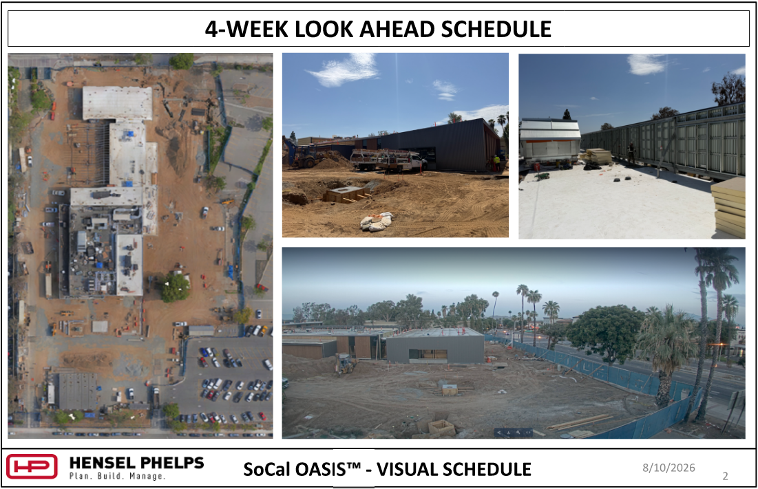 Slide 2 of the Hensel Phelps visual schedule (August 10, 2026) highlights SoCal OASIS™ site progress. It pairs an overhead aerial view of the layout with three photos: ground-level utility vault work, rooftop screen framing with roof deck materials, and a wide elevated view of ongoing excavation and site grading bordered by palm trees.