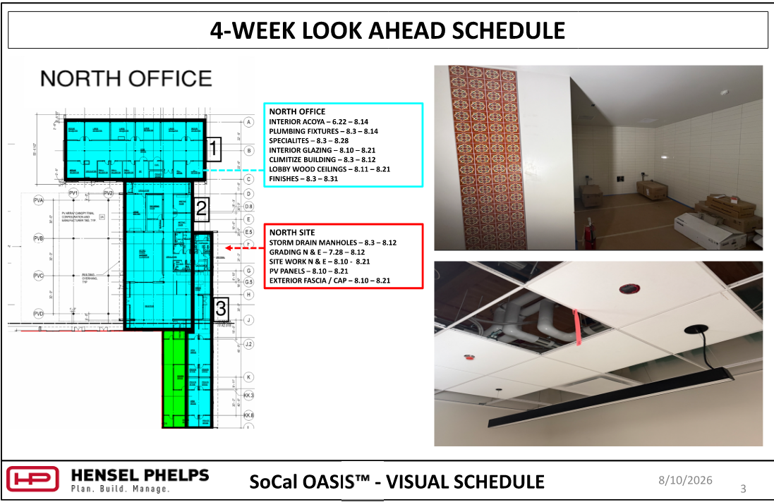 Slide 3 of the Hensel Phelps visual schedule (August 10, 2026) outlines tasks for the "North Office" and "North Site" zones of the SoCal OASIS™ project through late August—covering interior glazing, finishes, storm drain manholes, grading, and PV panel installation. The highlighted floor plan is paired with two photos: an upper image showing decorative wall tile in a room with stored boxes, and a lower image displaying installed drop ceiling tiles and a linear pendant light fixture.